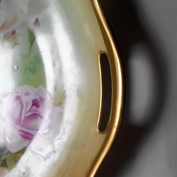 RS Germany 10 1/2" Cake Plate 2 Handled Hand Painted White, Pink & Yellow Roses - Picture 3 of 7